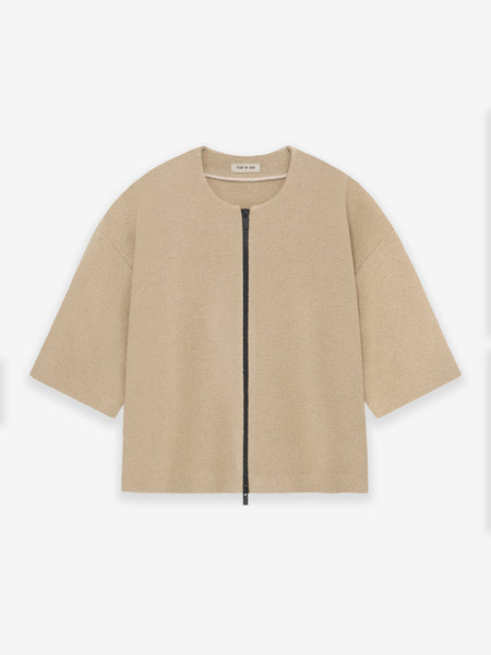 Boiled Wool 3/4 Sleeve Collarless Zip-Up