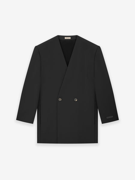 Wool Gabardine Double Breasted Lapelless Blazer