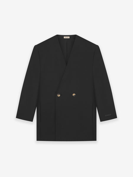 Silk Wool Double Breasted Lapelless Blazer